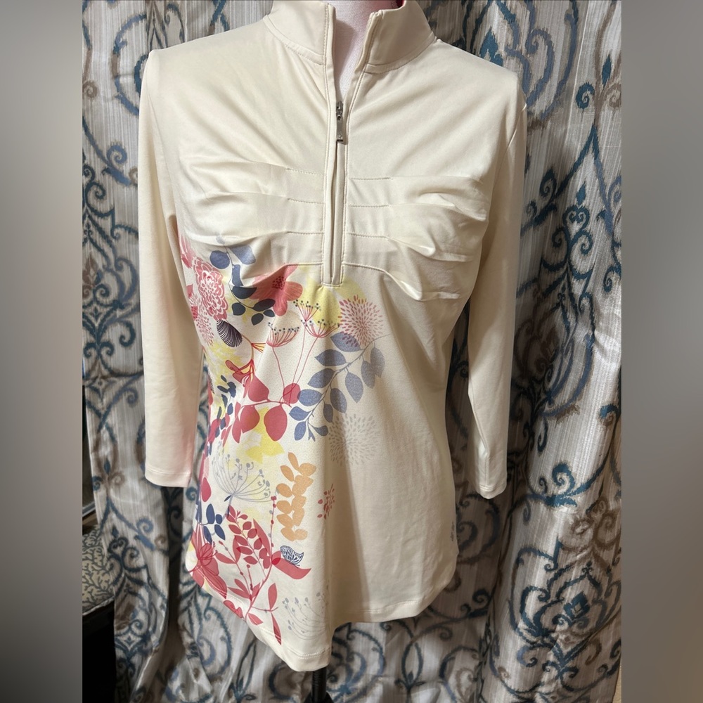 4All by Jofit Women's Sz L Top Pullover 1/4 Zip Long Sleeve Cream/Multi Floral